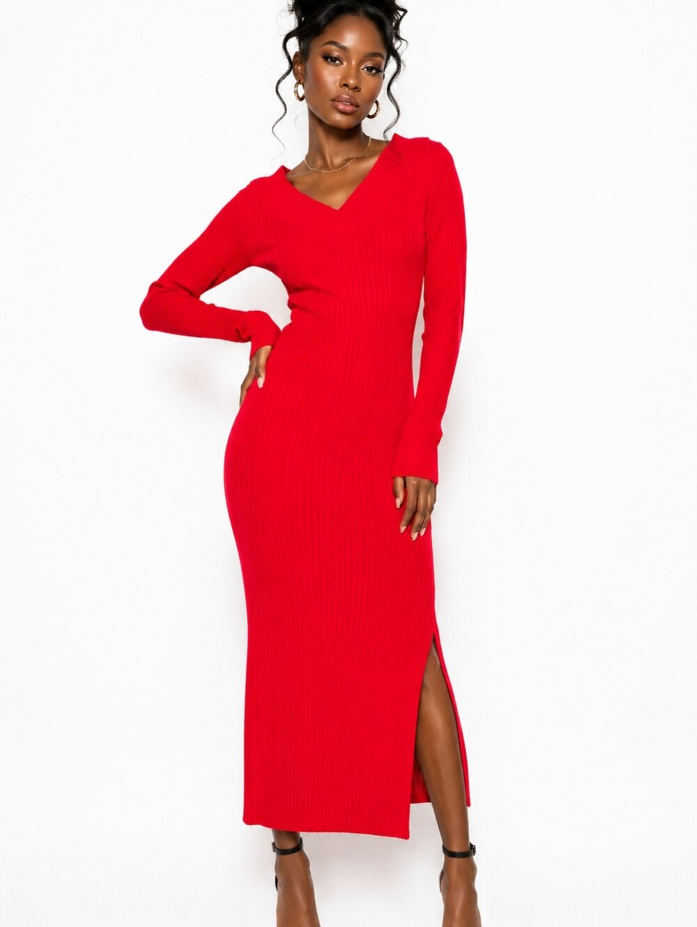 Red Ribbed Knit Sweater Dress for Women  Long Sleeve Bodycon Midi Dress w/ Slit